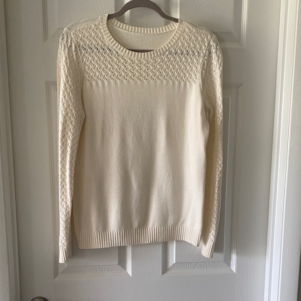 LOFT Cream Crewneck Sweater with Textured Yoke